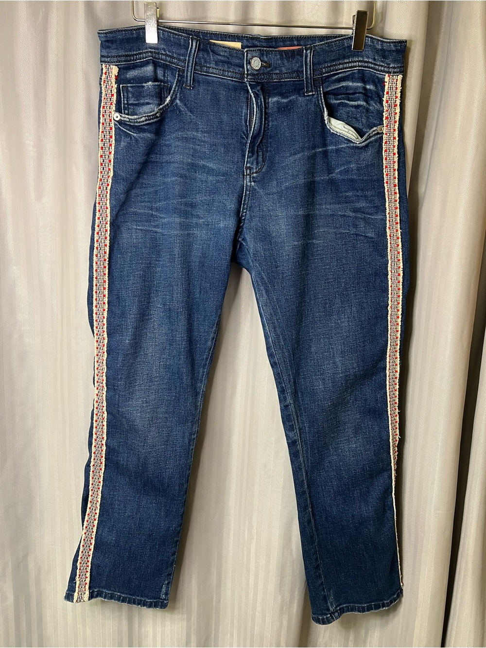 Pilcro Slim Boyfriend crop Dark Blue Jeans with Red & Cream Side Trim size 31